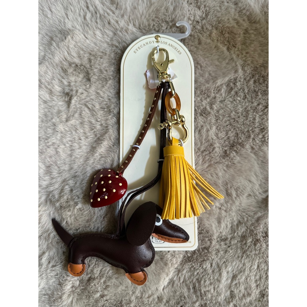 Eyecandy Los Angeles Dachshund Dog Bag Charm Tassel Strawberry Heart Brown New